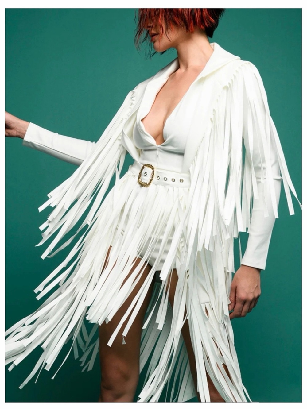 AKIRA Been Winning Fringe Romper Ivory Western Glam Festival Statement Piece - Picture 3 of 12